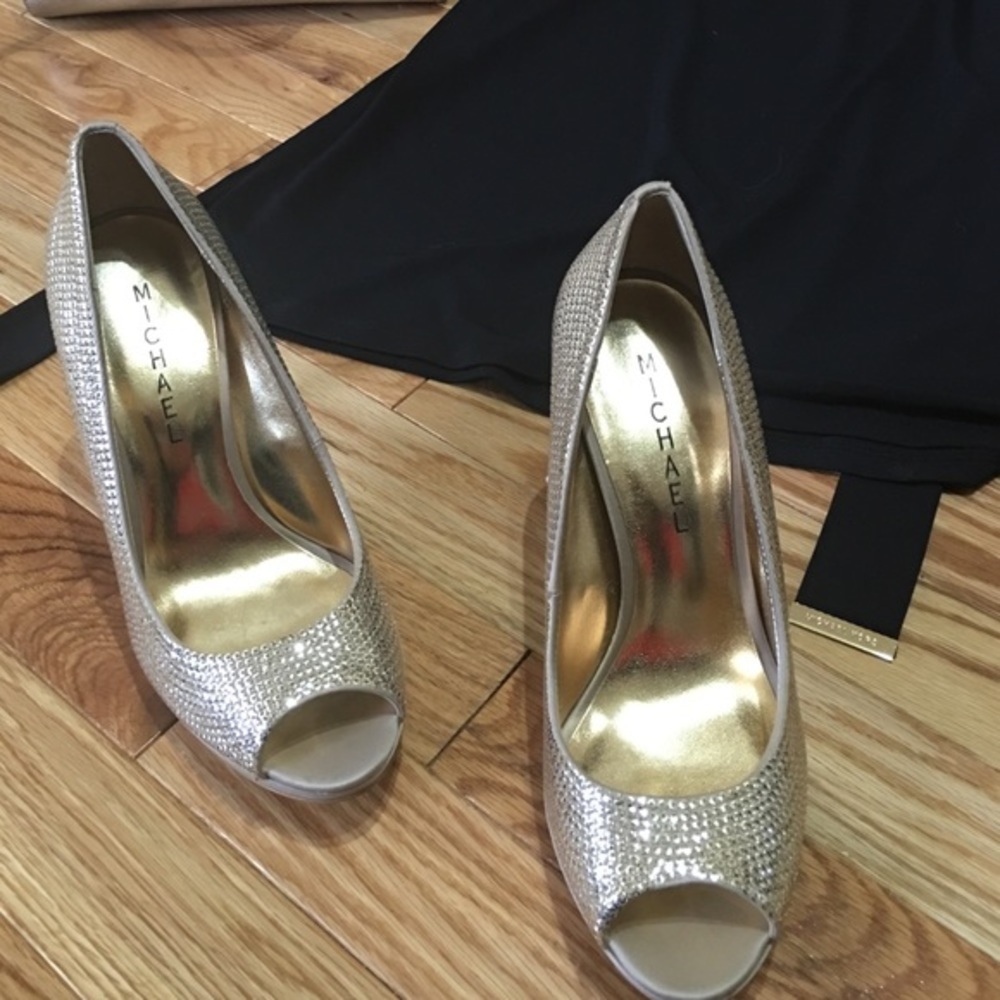 Vary glittery gold peep toe heels